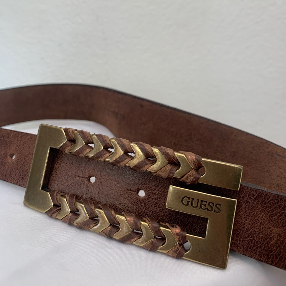 Brown Leather Woven Buckle Guess Belt